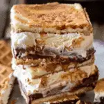 Stack of s’mores ice cream sandwiches made with graham crackers, layers of chocolate, and creamy vanilla ice cream, slightly melting.