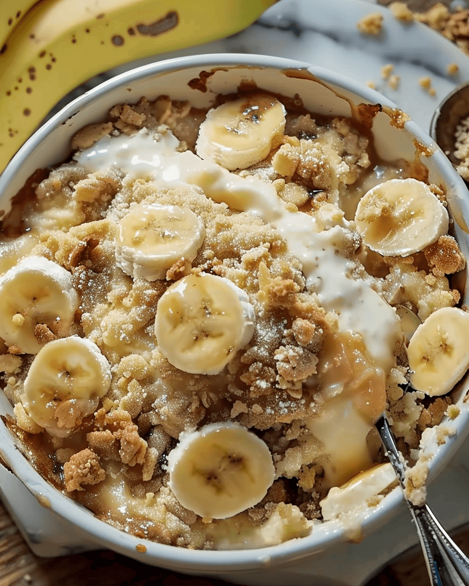 A warm bowl of banana cobbler topped with golden, buttery crumble, sliced bananas, and a drizzle of cream or custard, served with a spoon.