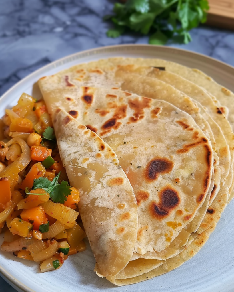 Plate of soft, folded roti served with a colorful mix of spiced vegetables including chickpeas, onions, carrots, and herbs.