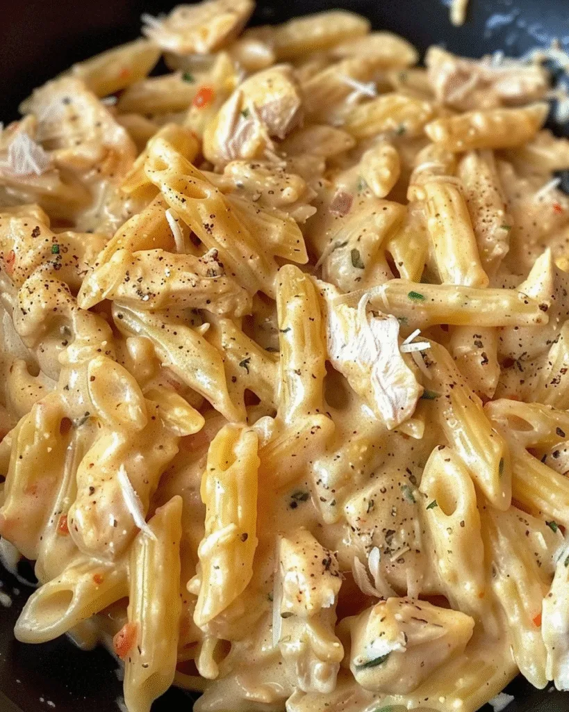 Close-up of creamy penne pasta mixed with tender chicken chunks, seasoned with black pepper and herbs, coated in a spicy buffalo ranch sauce.