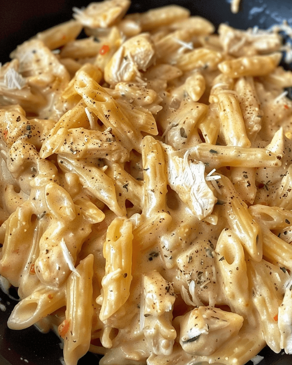 Close-up of creamy penne pasta mixed with tender chicken chunks, seasoned with black pepper and herbs, coated in a spicy buffalo ranch sauce.