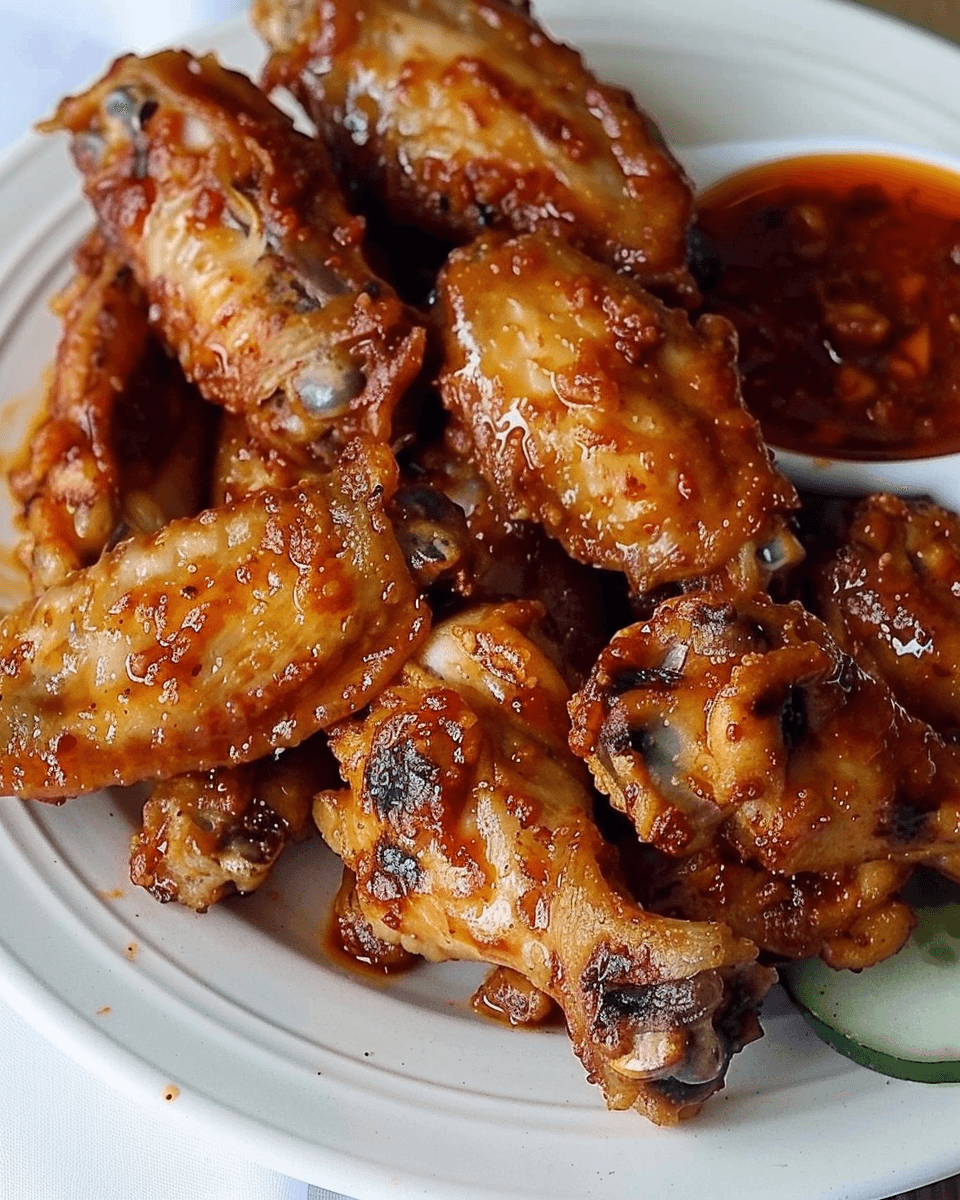 Plate of crispy chicken wings coated in a thick, spicy chili garlic sauce, served with cucumber slices and a side of dipping sauce.