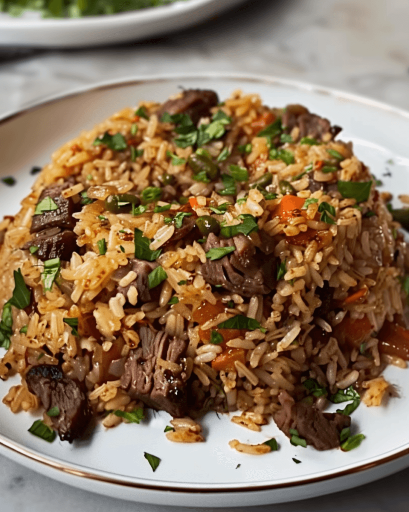 A plate of spicy brisket fried rice with tender beef slices, chopped vegetables, green peas, and fresh herbs served on a white-rimmed plate.