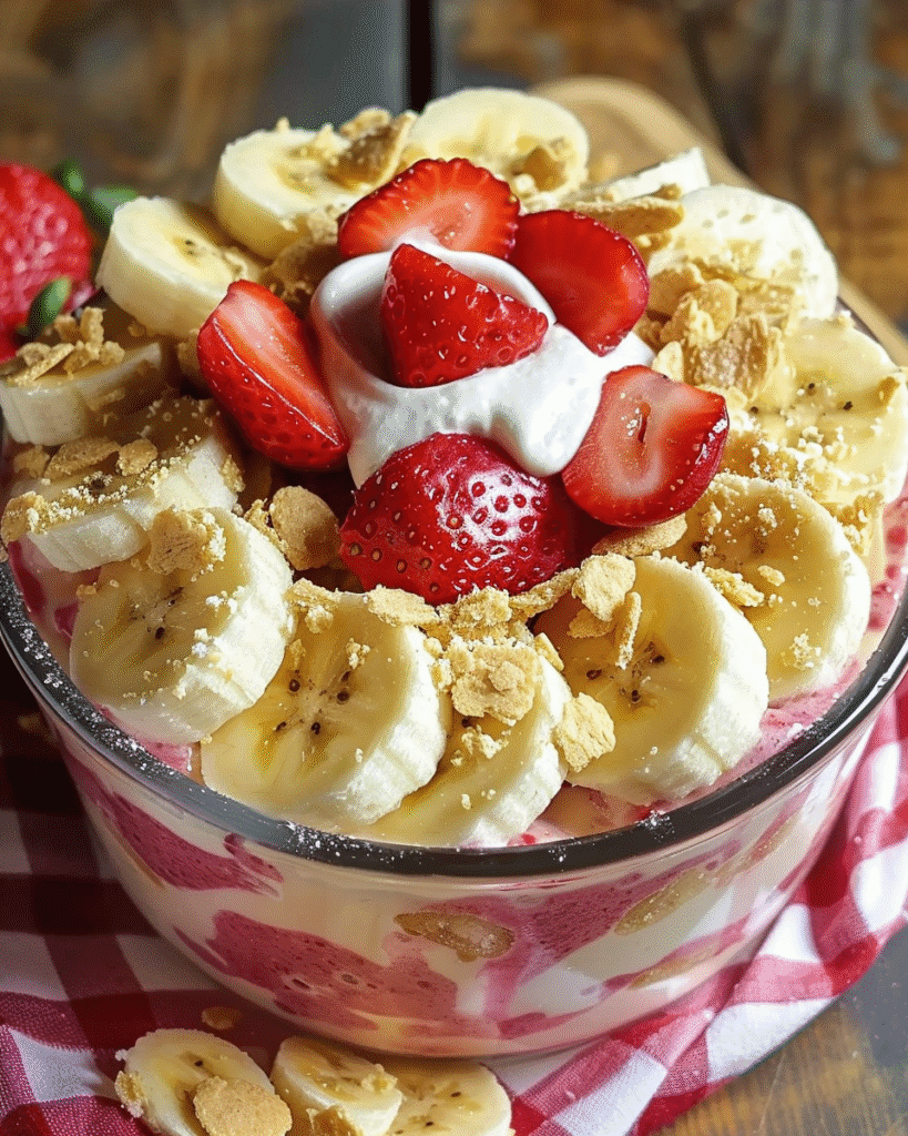 Layered dessert in a glass bowl with sliced bananas, fresh strawberries, whipped cream, crushed cookies, and swirls of strawberry and cheesecake pudding.