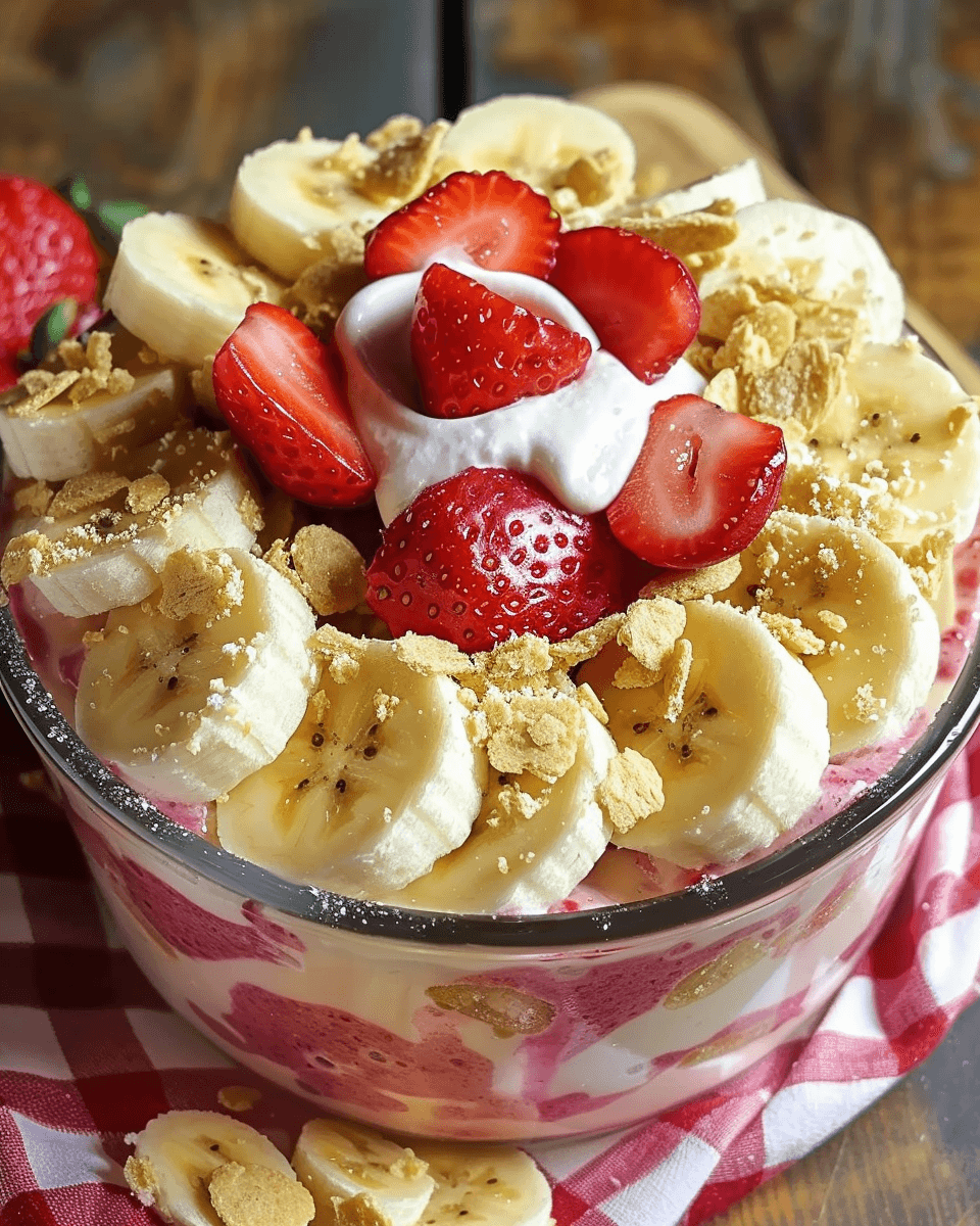 Layered dessert in a glass bowl with sliced bananas, fresh strawberries, whipped cream, crushed cookies, and swirls of strawberry and cheesecake pudding.