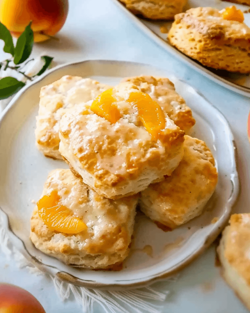 Golden, fluffy peach biscuits topped with a light glaze and fresh peach slices, served on a white plate with whole peaches in the background.