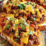 Slices of thick Texas toast topped with hearty sloppy joe mixture, melted cheddar cheese, and sprinkled with fresh parsley.