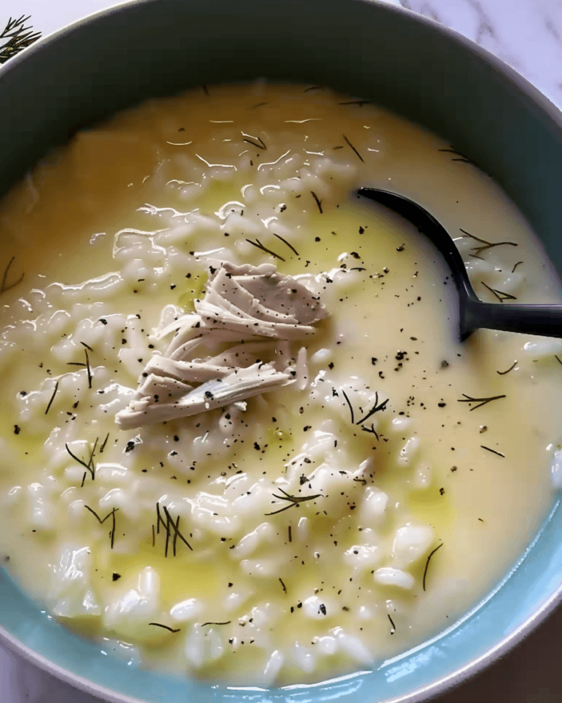 A bowl of traditional Greek lemon rice soup (Avgolemono) with shredded chicken, black pepper, fresh dill, and creamy lemon broth.