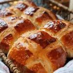 A close-up of golden, glossy hot cross buns in a woven basket lined with a white tea towel, with cross marks baked into the top.