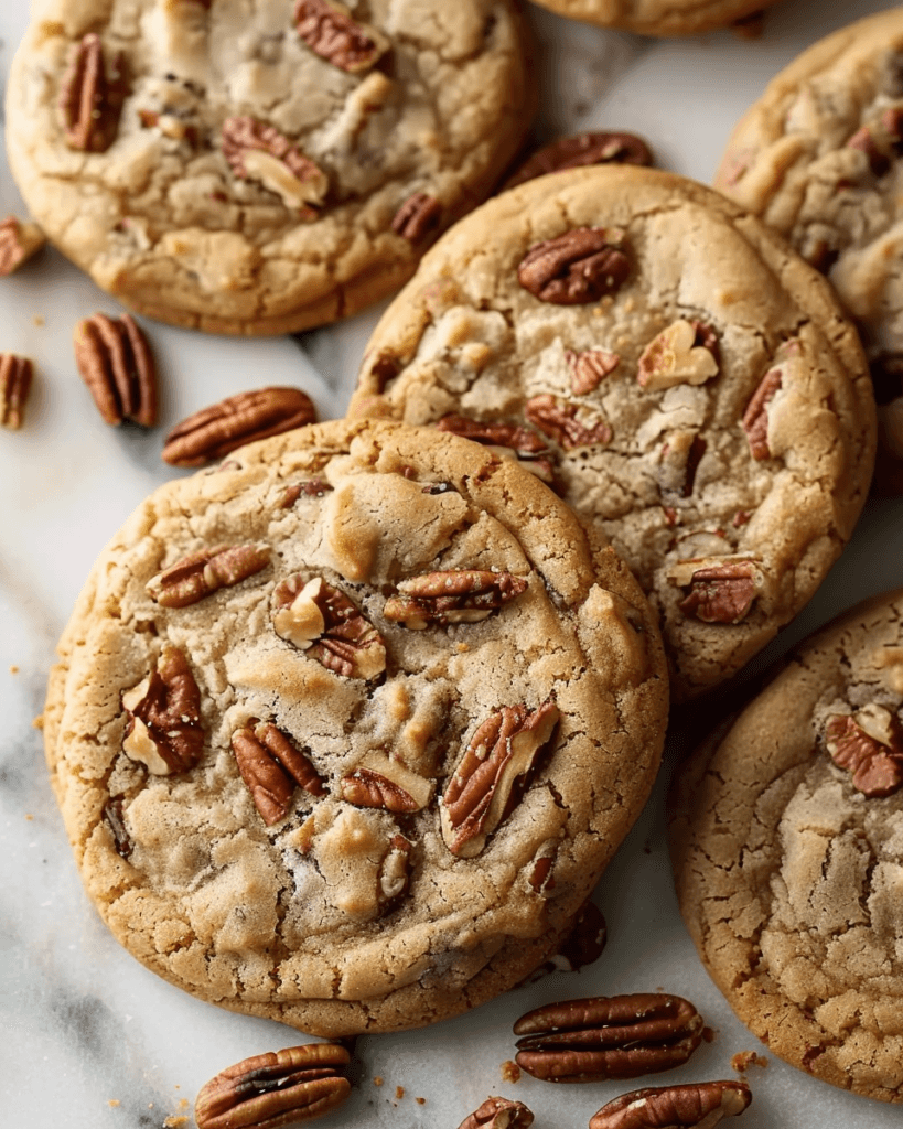 Close-up of golden brown butter pecan cookies topped with crunchy pecans on a marble surface.