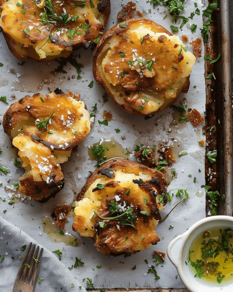 Golden-brown smashed potatoes on a baking sheet, garnished with chopped parsley, sea salt, and drizzled with herb-infused olive oil.