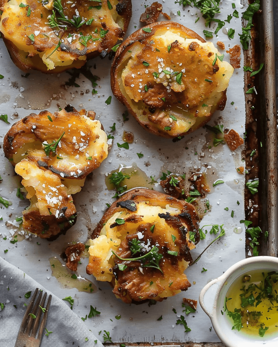 Golden-brown smashed potatoes on a baking sheet, garnished with chopped parsley, sea salt, and drizzled with herb-infused olive oil.