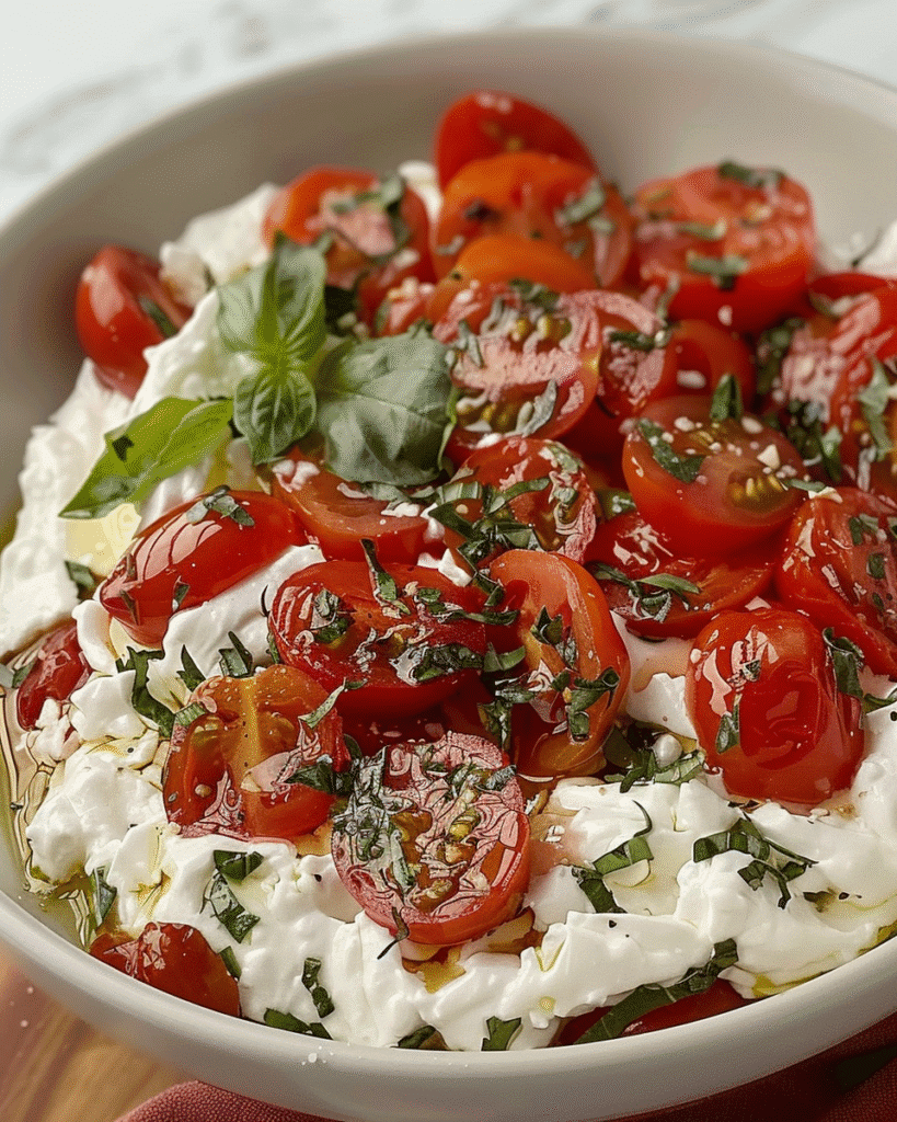 A bowl of whipped cottage cheese topped with marinated cherry tomatoes, fresh basil, minced garlic, and olive oil.