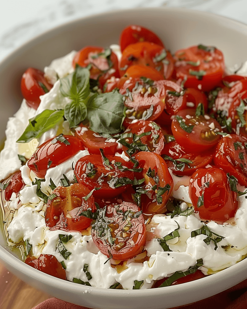 A bowl of whipped cottage cheese topped with marinated cherry tomatoes, fresh basil, minced garlic, and olive oil.