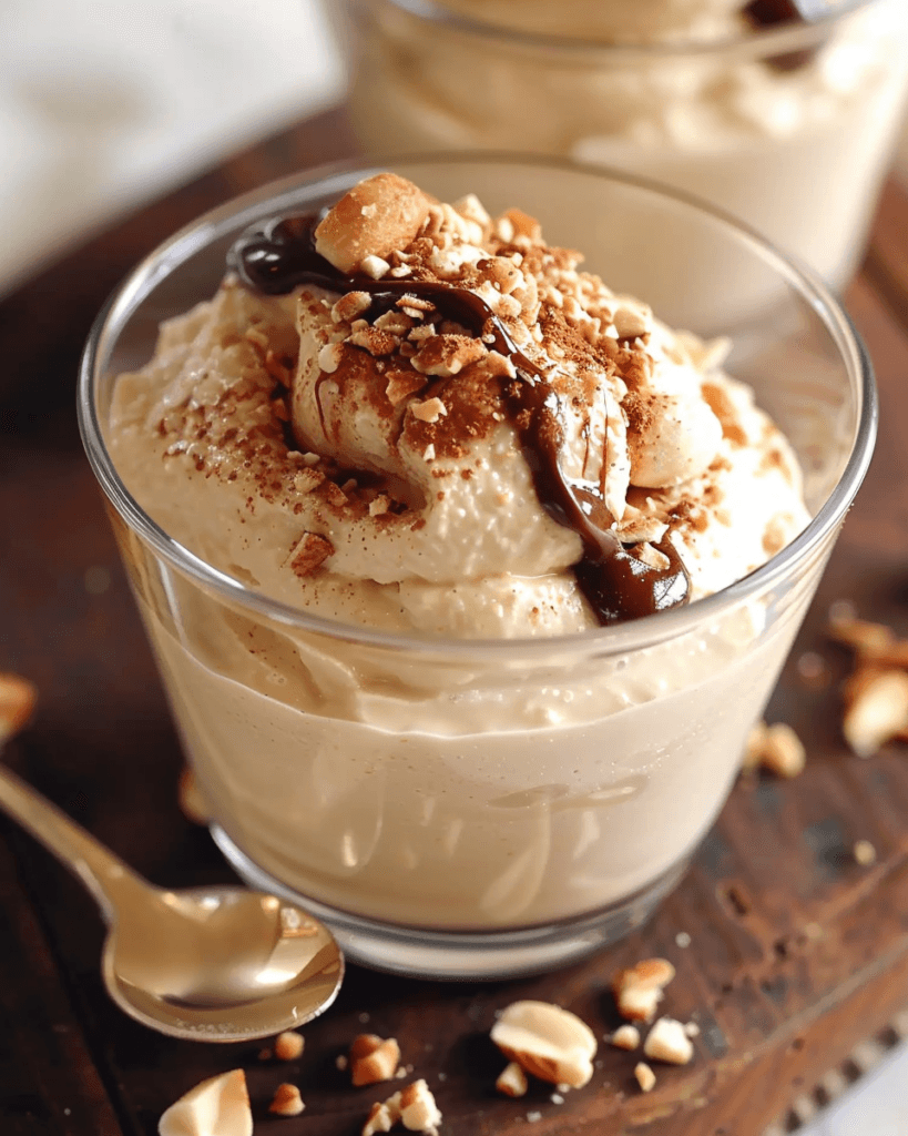 Glass cup filled with whipped peanut butter cottage cheese mousse, topped with chopped peanuts, chocolate drizzle, and cocoa powder.