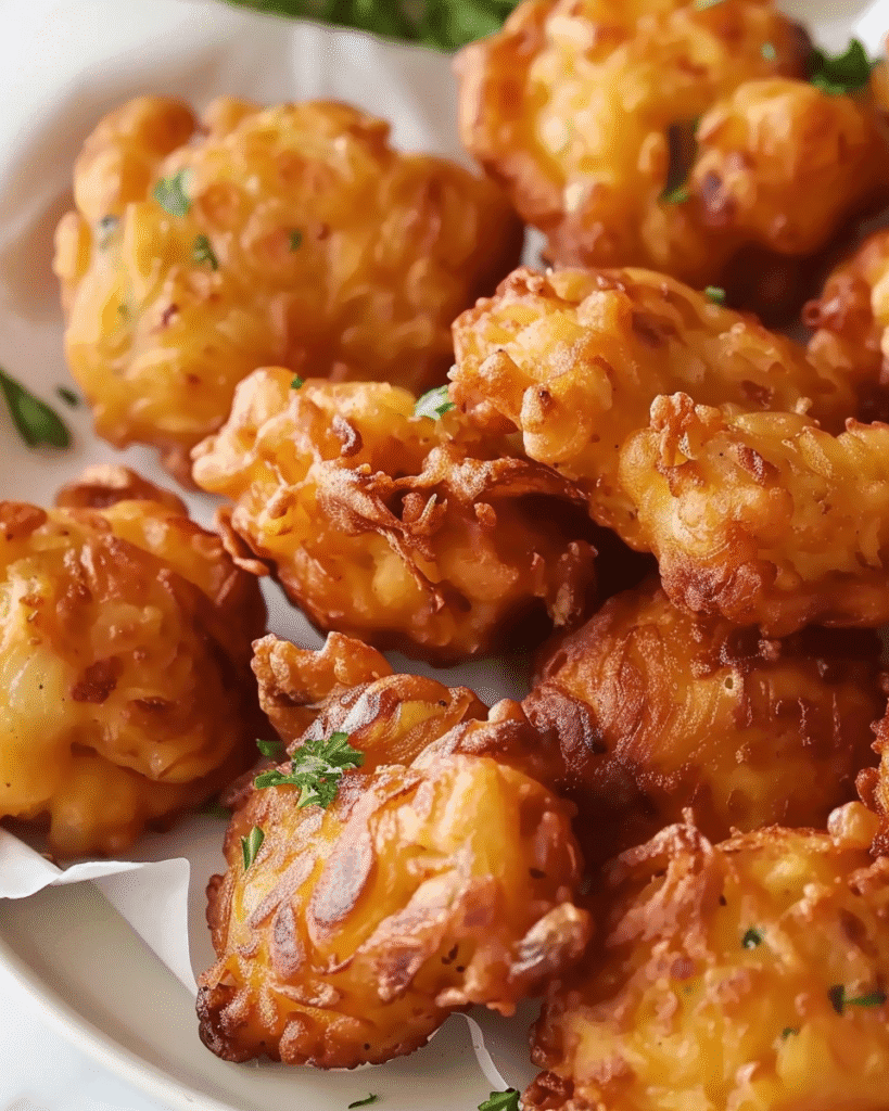 Golden brown Amish onion fritters with a crispy texture and parsley garnish, served on a white plate lined with parchment paper.