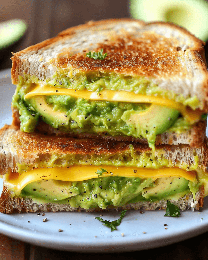Close-up of a grilled sandwich filled with creamy avocado slices and melted cheddar cheese, stacked on a white plate with parsley garnish.