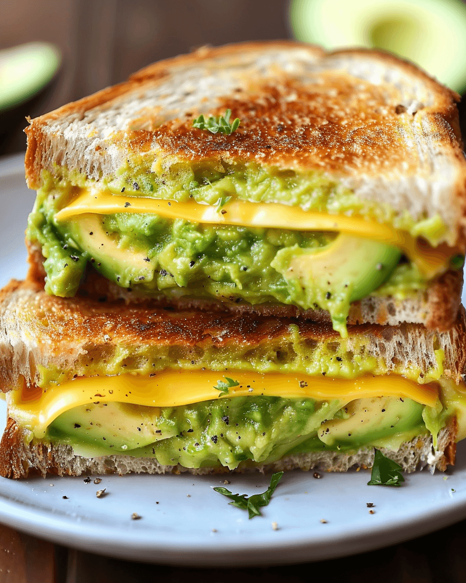 Close-up of a grilled sandwich filled with creamy avocado slices and melted cheddar cheese, stacked on a white plate with parsley garnish.