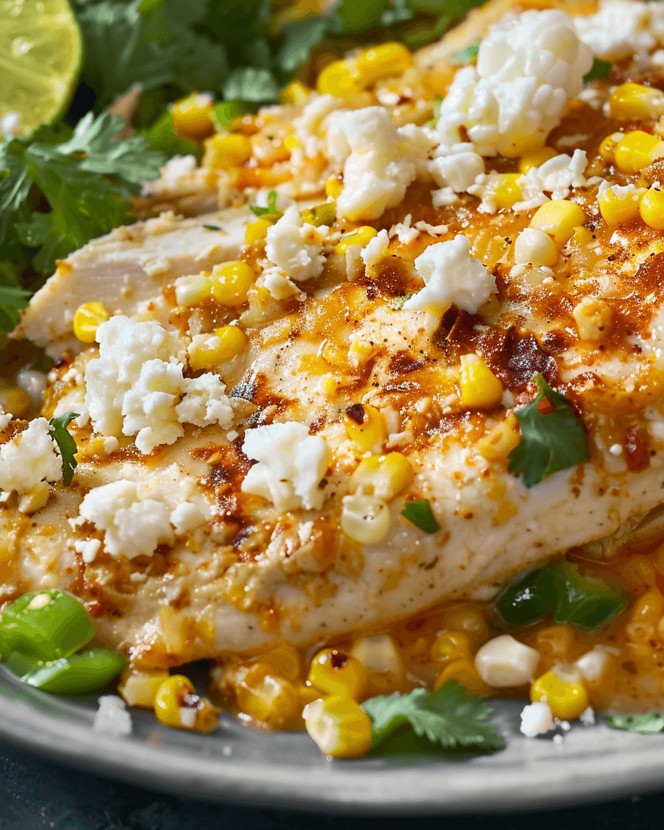 Close-up of seasoned baked chicken breast topped with roasted corn, crumbled white cheese, fresh cilantro, and spices, served with a lime wedge.
