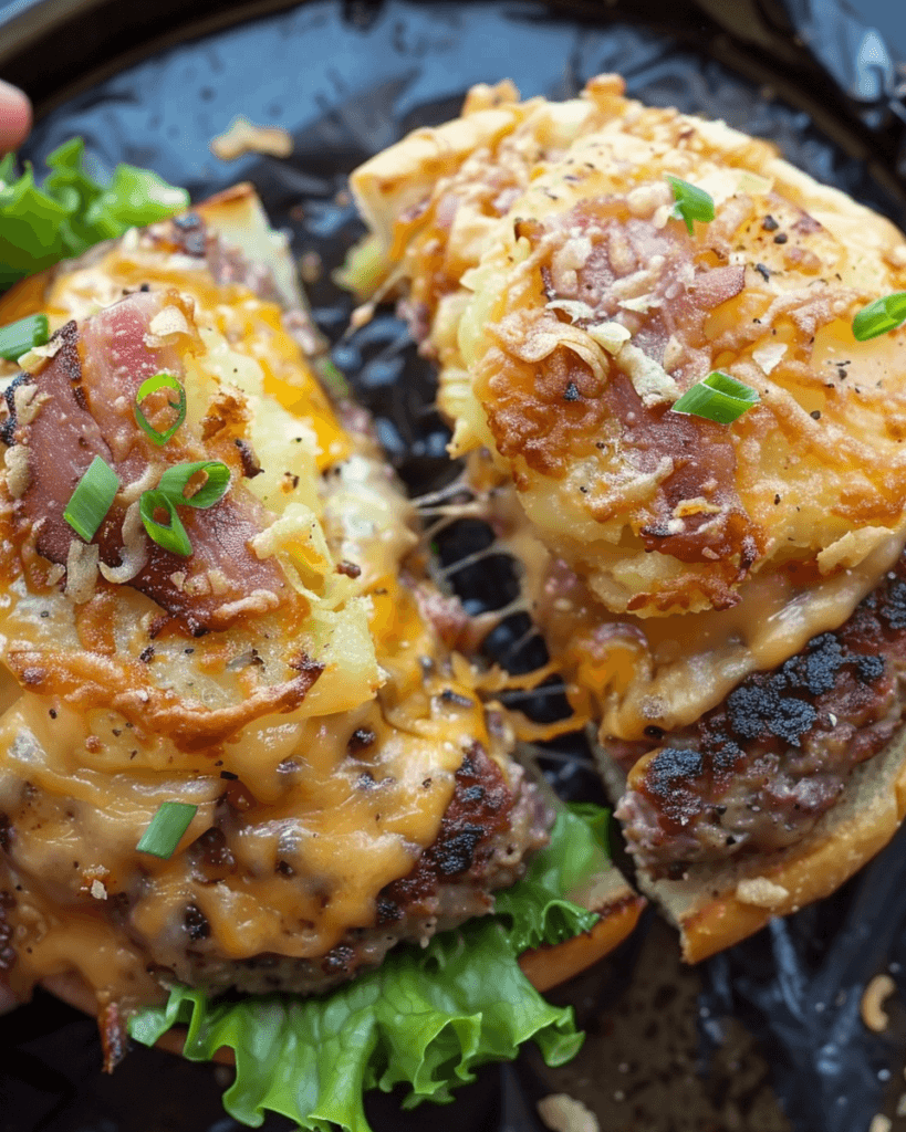 A close-up of a baked potato smash burger sliced in half, featuring a beef patty topped with mashed potatoes, crispy bacon, cheddar cheese, green onions, and lettuce on a toasted bun.