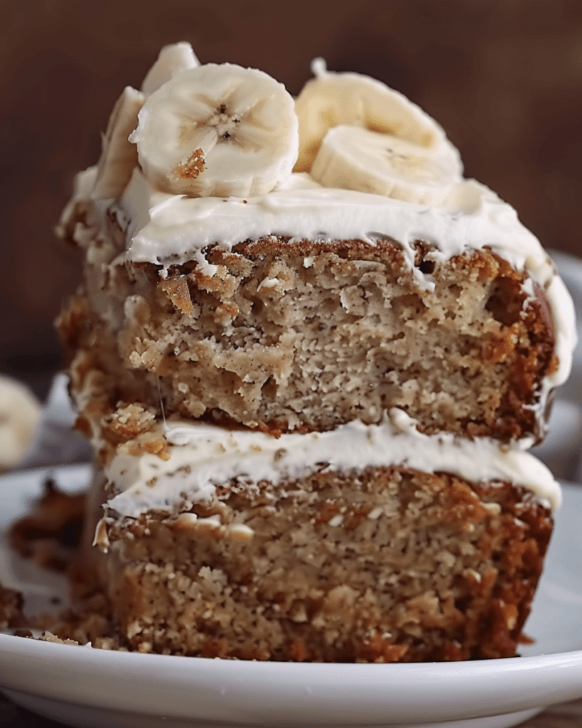 Two stacked slices of banana bread cake layered with cream cheese frosting and topped with fresh banana slices on a white plate.