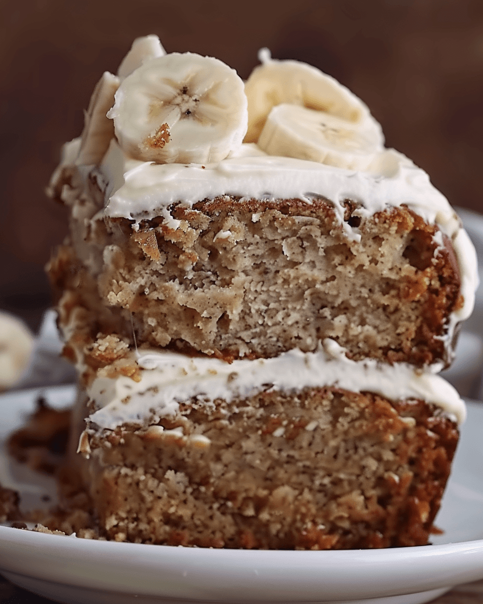 Two stacked slices of banana bread cake layered with cream cheese frosting and topped with fresh banana slices on a white plate.