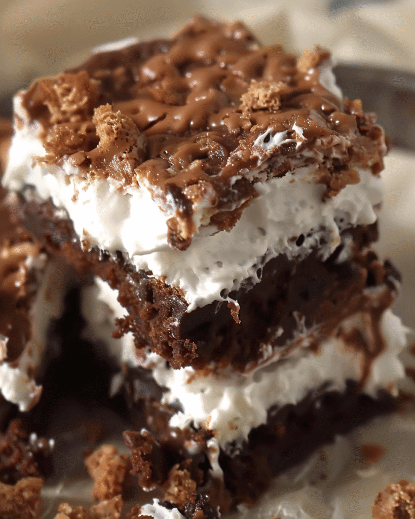 Stacked chocolate brownies layered with marshmallow fluff and topped with melted chocolate and crunchy cookie crumbles.