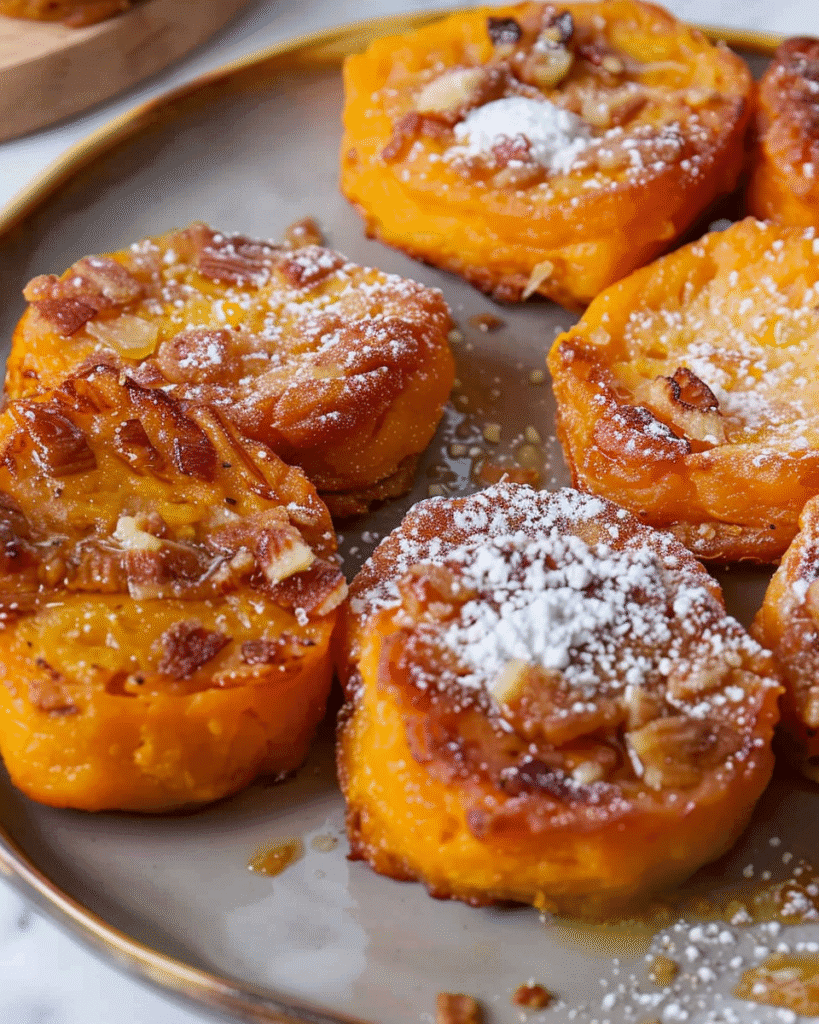 Caramelized sweet potato rounds topped with chopped nuts and powdered sugar, served on a beige plate.