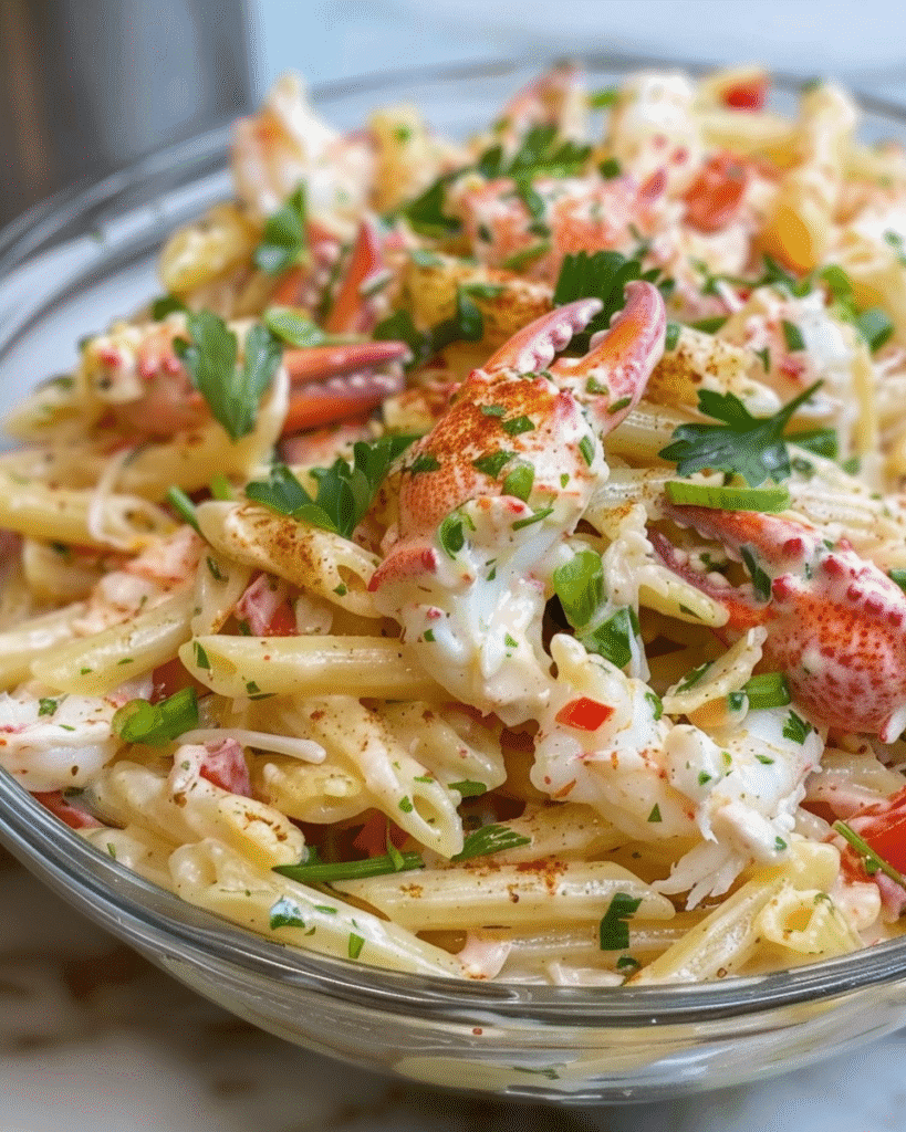 A close-up of Cajun crab pasta salad with penne pasta, crab claws, parsley, and creamy dressing.