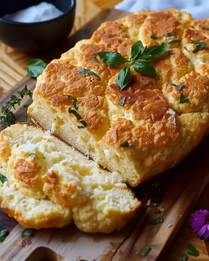 Golden-baked cauliflower cloud bread loaf, sliced and topped with fresh basil and herbs, served on a wooden board.