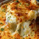 gA spoon lifting a serving of baked mashed potatoes with a golden, bubbly cheese crust and melted cheese stretching, garnished with chopped parsley.