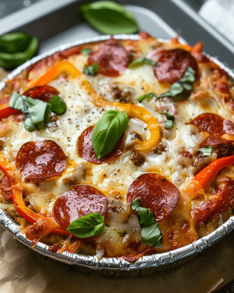 Crustless pizza bowl topped with melted cheese, pepperoni, sliced bell peppers, and fresh basil leaves, served in a foil container.
