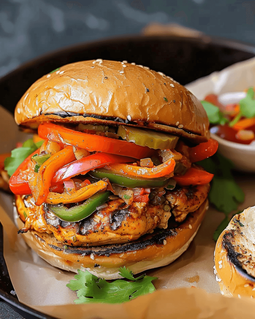 Grilled chicken burger topped with sautéed red, orange, and green bell peppers, pickles, and onions on a toasted sesame bun.