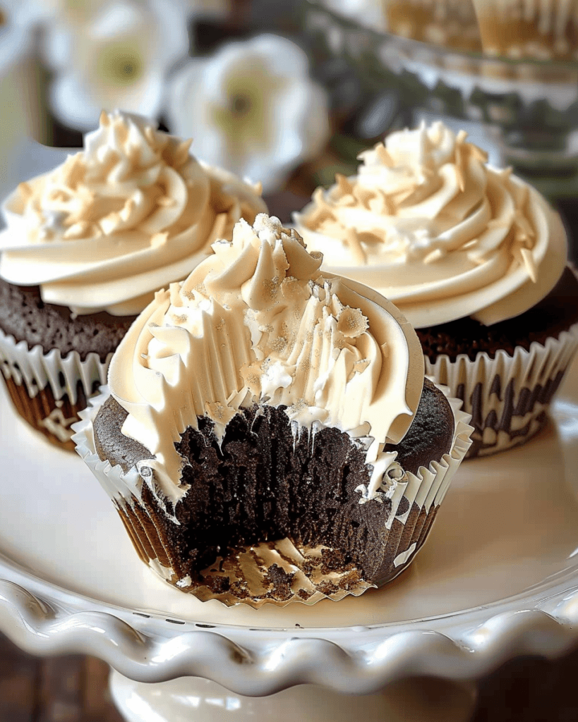 Chocolate cupcakes with creamy coffee frosting, one with a bite taken out to reveal a moist, rich interior, displayed on a white cake stand.