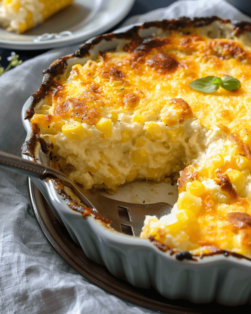 A creamy corn casserole in a ceramic baking dish with a golden, bubbly cheese topping and a slice removed to reveal the rich, cheesy interior with visible corn kernels.