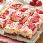 No-bake strawberry cheesecake bars on a decorative platter, featuring creamy swirls of strawberry puree and halved fresh strawberries on top.