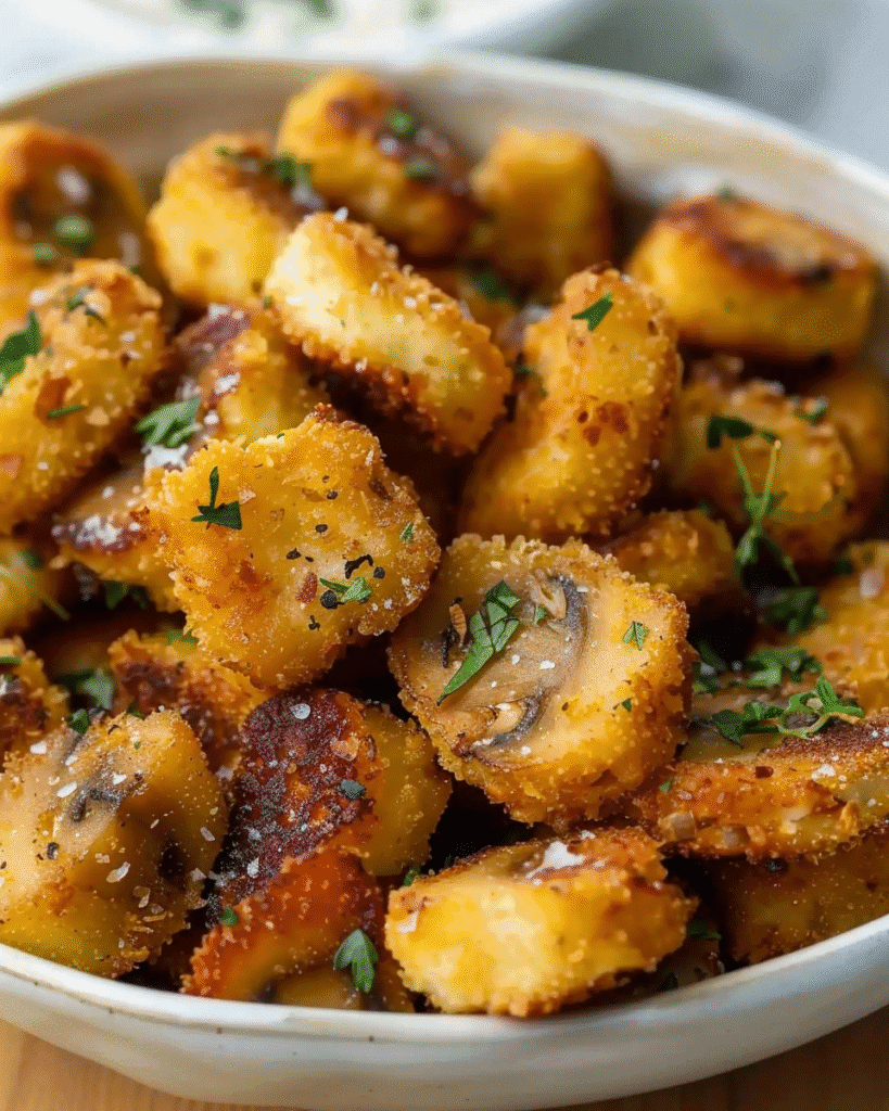 Close-up of golden, crispy breaded mushroom slices sprinkled with herbs and coarse salt, served in a shallow white bowl.