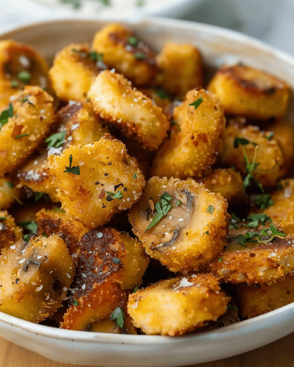 Close-up of golden, crispy breaded mushroom slices sprinkled with herbs and coarse salt, served in a shallow white bowl.