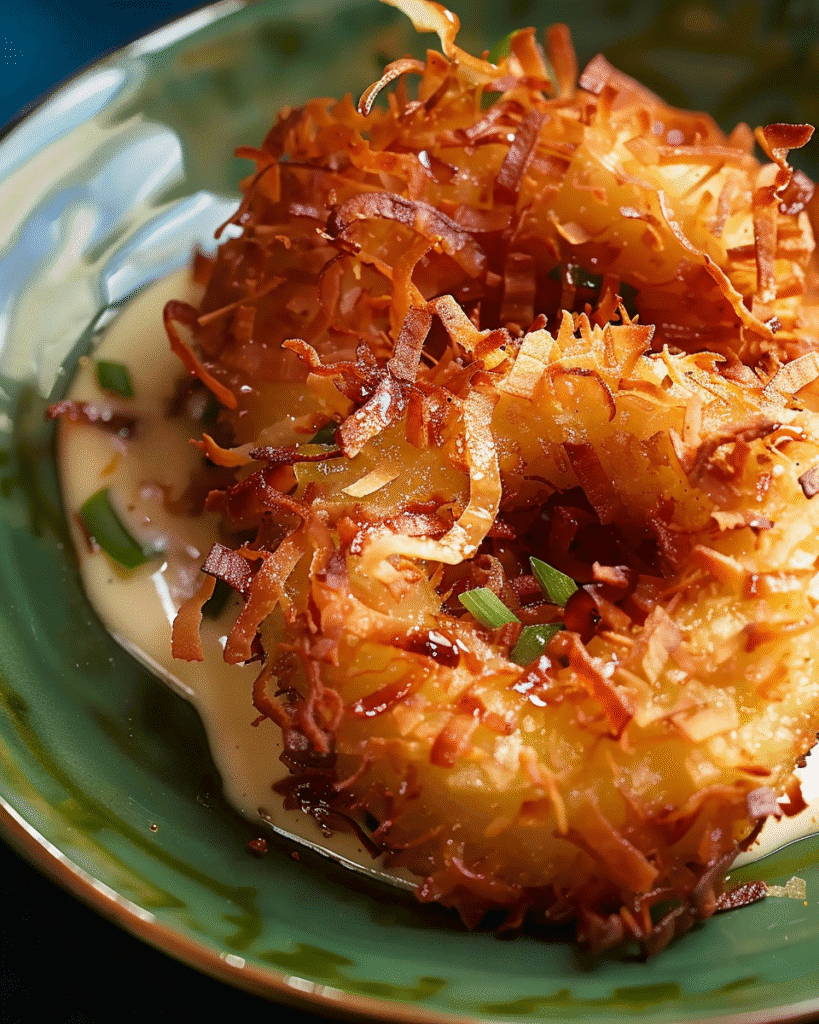 Close-up of crispy coconut-coated pineapple rings served on a green plate with a drizzle of creamy sauce and garnished with chopped green herbs.
