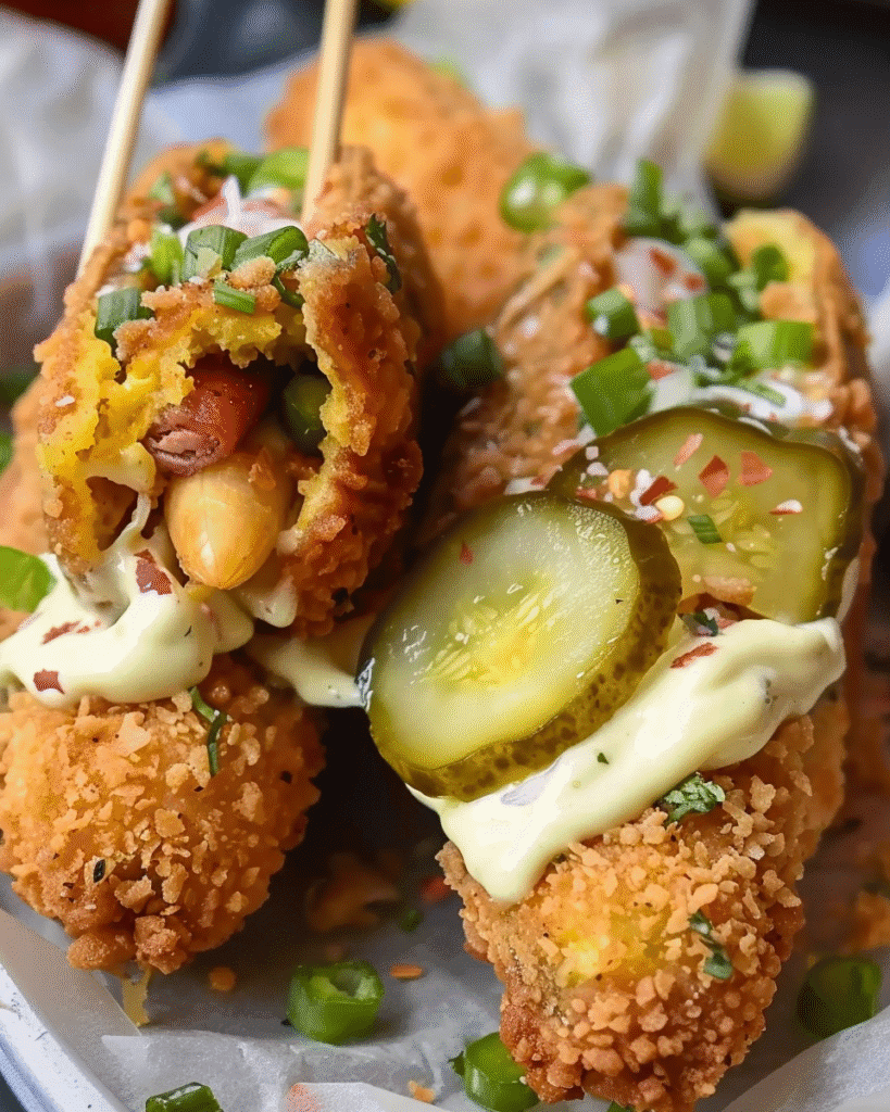 Close-up of crunchy corn dogs filled with hot dogs and pickles, coated in a golden crust and topped with sliced pickles, creamy sauce, and chopped green onions.