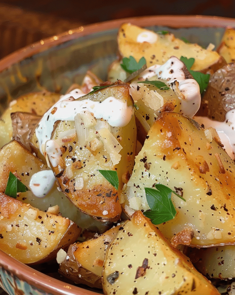Close-up of crispy roasted potato wedges seasoned with black pepper and garlic, garnished with parsley and drizzled with a creamy white sauce.