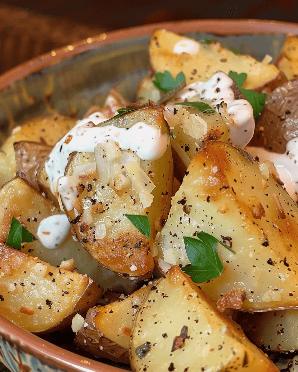 Close-up of crispy roasted potato wedges seasoned with black pepper and garlic, garnished with parsley and drizzled with a creamy white sauce.