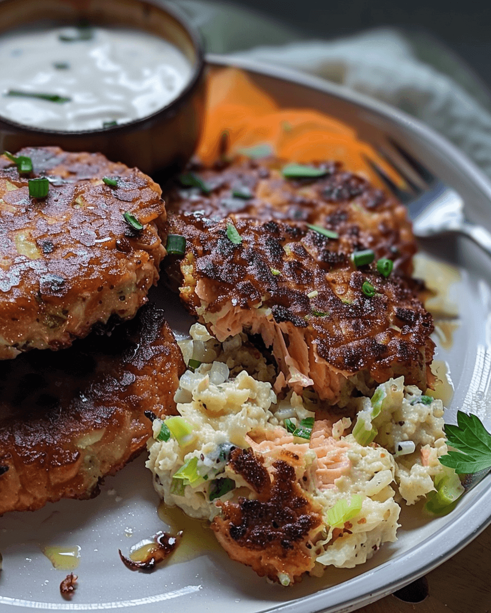 Crispy salmon croquettes served with creamy cauliflower mash, garnished with chives and a side of dipping sauce.