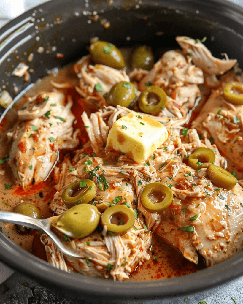 Shredded crock pot chicken in a savory broth, topped with green olives, melted butter, and chopped herbs, served in a slow cooker.