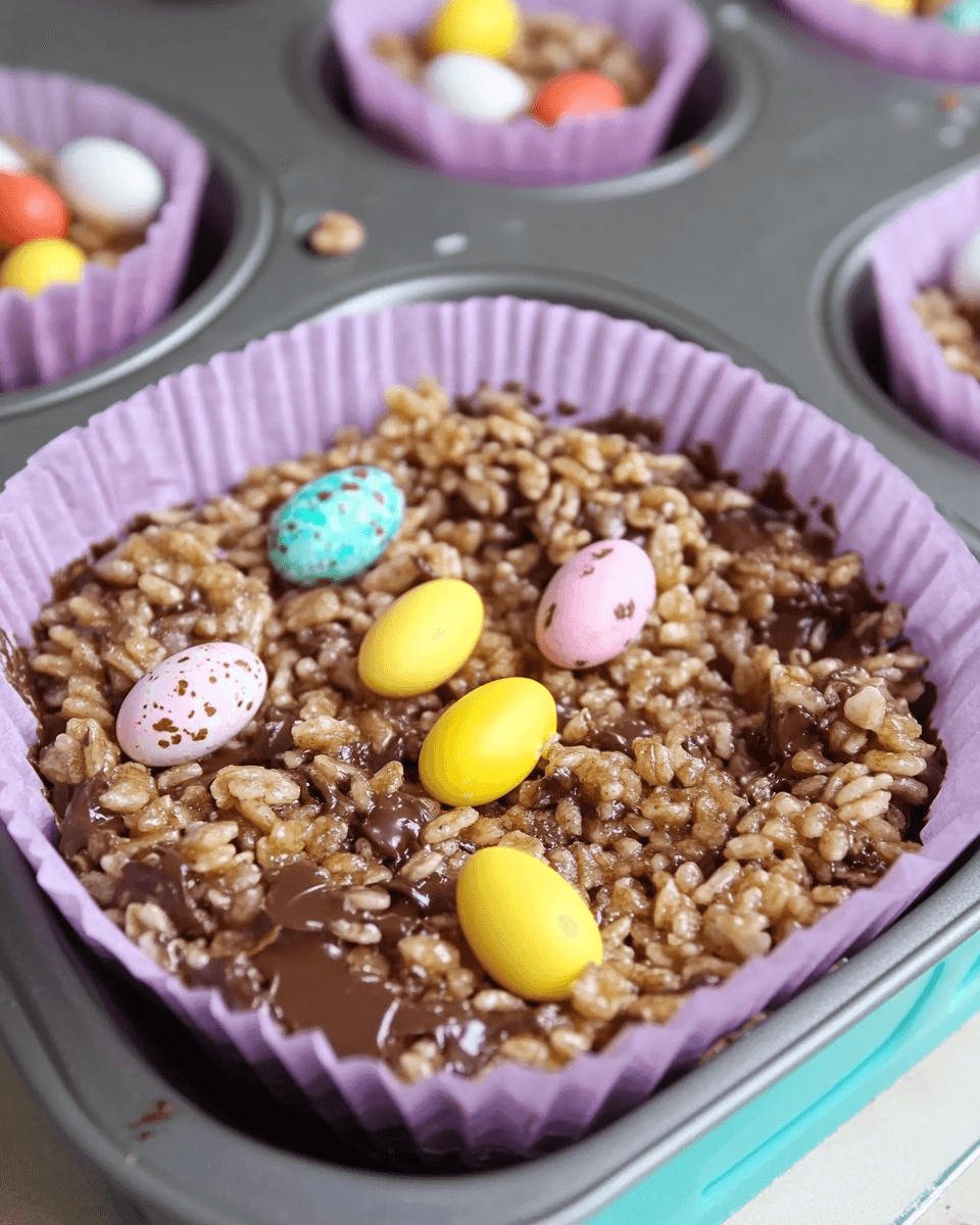 A close-up of an Easter-themed rice crispy cake in a purple cupcake liner, topped with melted chocolate and colorful mini candy eggs, sitting in a muffin tin.