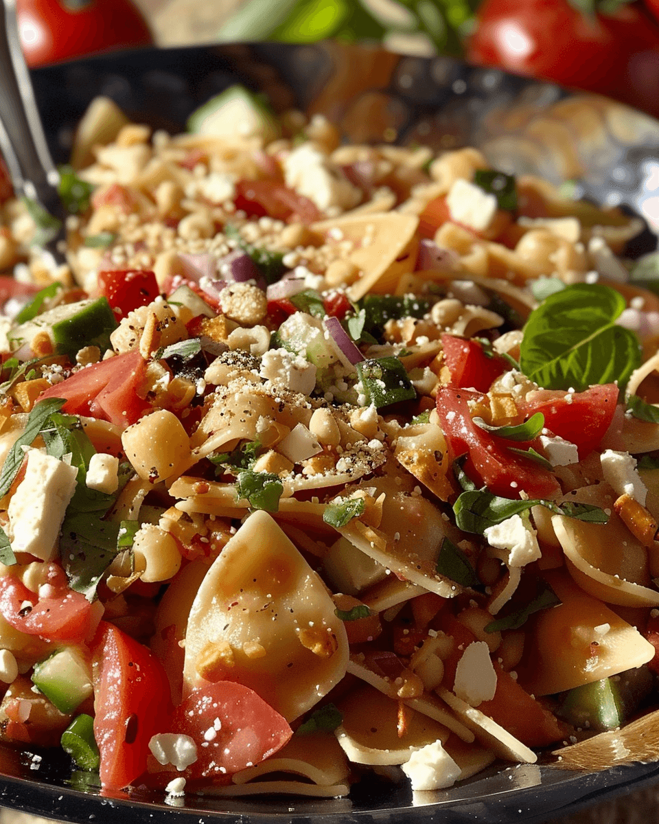 Colorful pasta salad with bowtie pasta, chopped tomatoes, cucumbers, red onion, feta cheese, pine nuts, and fresh herbs in a large serving bowl.