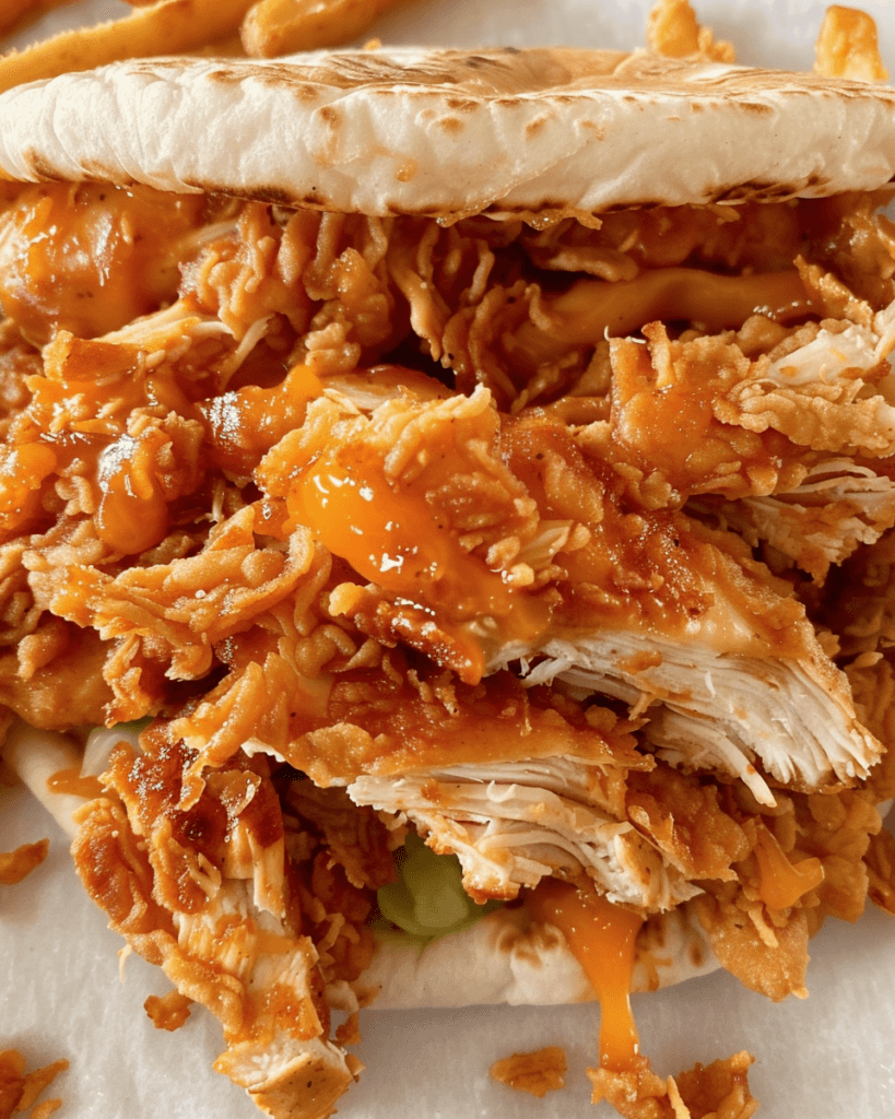Crispy fried chicken sandwich with shredded pieces, smothered in a vibrant orange buffalo sauce, between two toasted flatbreads.