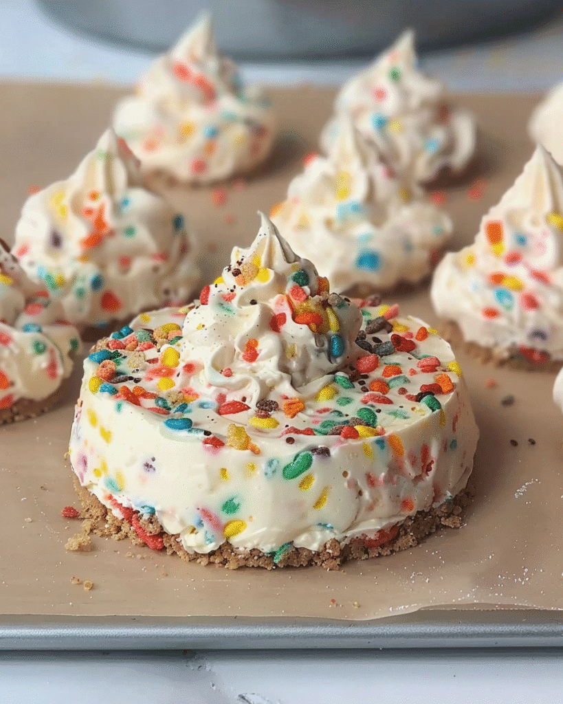 Close-up of a large no-bake cheesecake topped and filled with Fruity Pebbles cereal, sitting on a graham cracker crust.