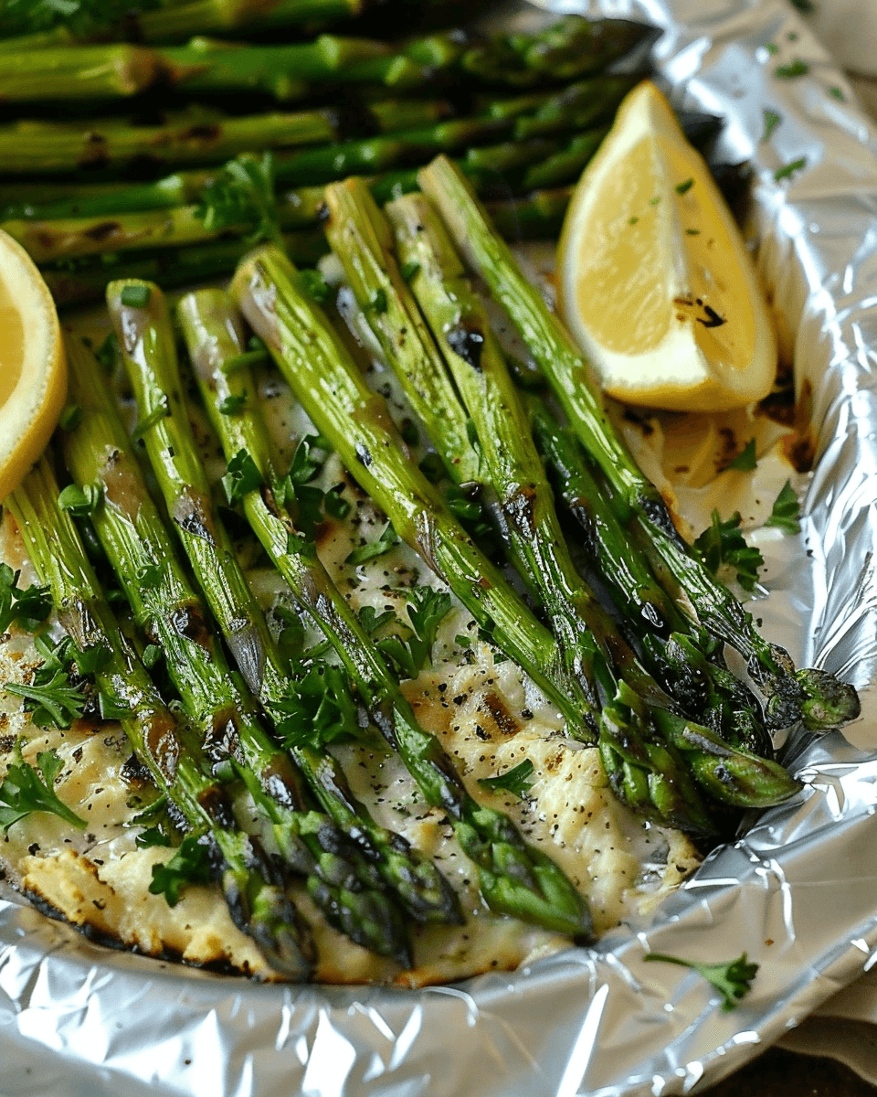Grilled asparagus spears laid out on foil, garnished with chopped parsley and served with lemon wedges over a garlic herb cheese spread.