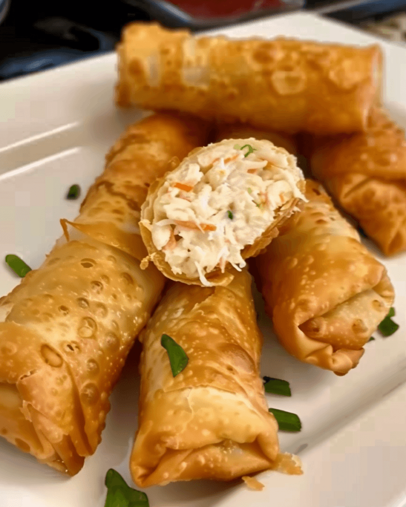 Crispy golden egg rolls filled with creamy crab mixture, with one roll cut open to reveal the shredded crab and vegetable filling.